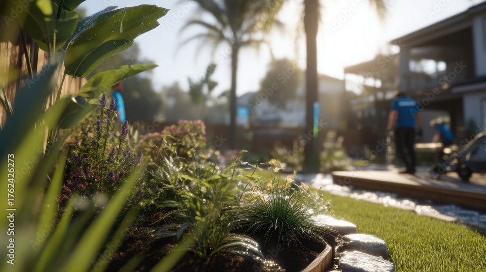 Gardeners are busy planting and caring for various plants in a well-maintained backyard. Sunshine brightens the scene, highlighting lush greenery and palm trees in the background.