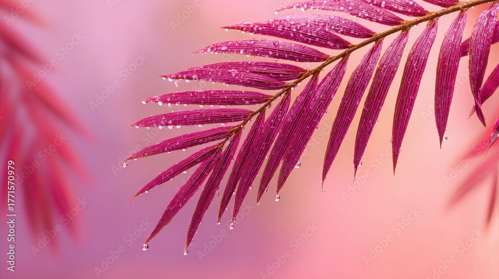 Glorious pink leaves display droplets of water in the early morning light. The gentle colors create a calm and serene atmosphere, highlighting the beauty of nature.