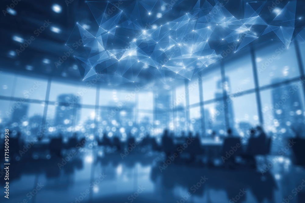 In a modern conference room, people gather around a table with a view of a city skyline. A digital network design fills the air, symbolizing technology and collaboration.