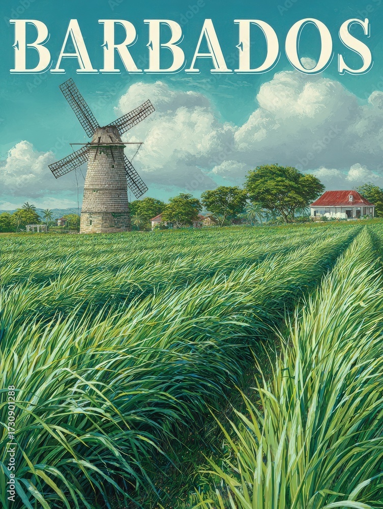 In a scenic Barbados landscape, a historic windmill stands surrounded by vibrant green fields. The blue sky with fluffy clouds adds to the charm of this tranquil rural scene.