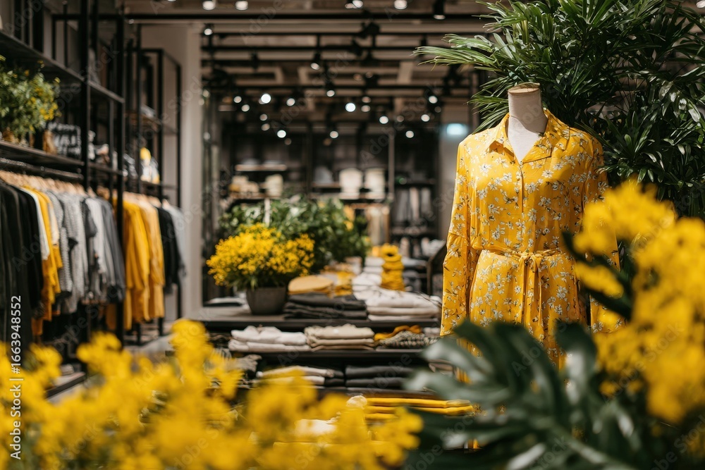 In a stylish clothing store, a lively yellow dress stands on a mannequin surrounded by neatly arranged garments. Bright flowers add a cheerful touch to the vibrant interior.