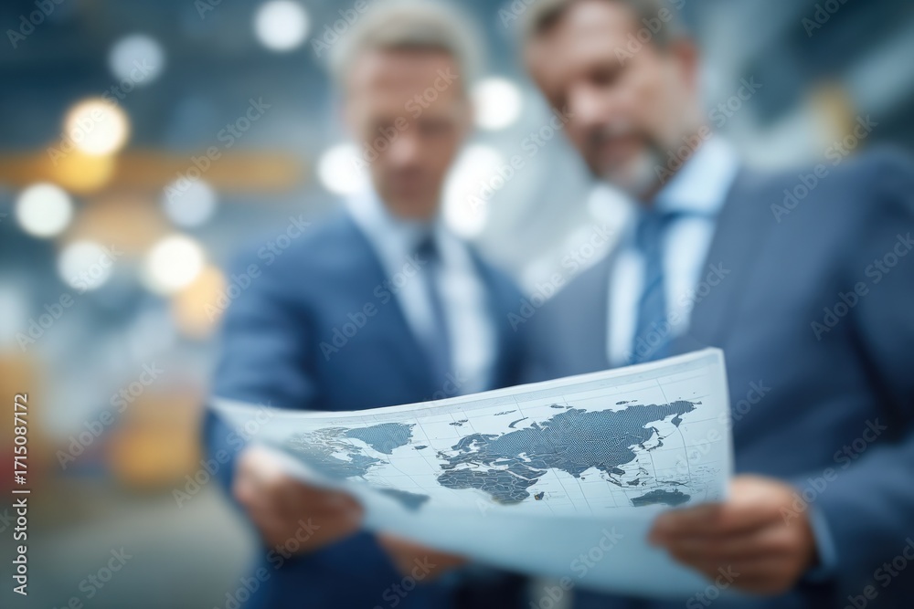 In an industrial space, two business professionals in suits closely examine a world map. Their focused discussion suggests a strategic planning session centered on global operations and logistics.