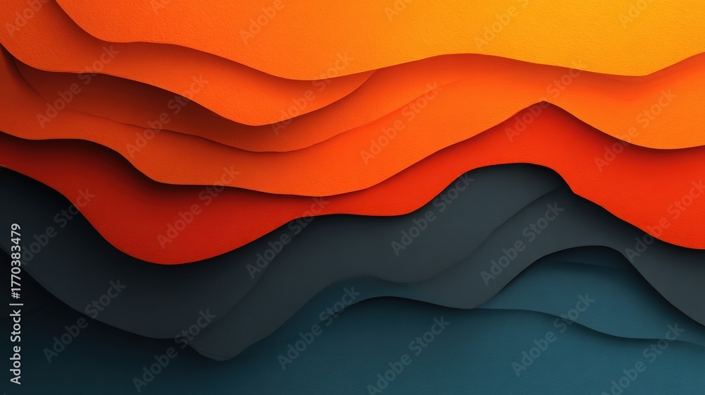 Layers of vibrant orange and red create a striking abstract design, contrasting with a deep blue background. The wavy forms suggest movement and depth, showcasing creativity and color harmony.
