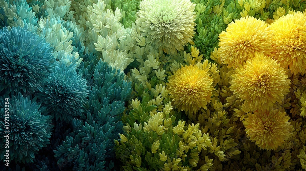 Lush garden filled with vibrant blue, green, and yellow flowers under bright sunlight creates a striking visual.