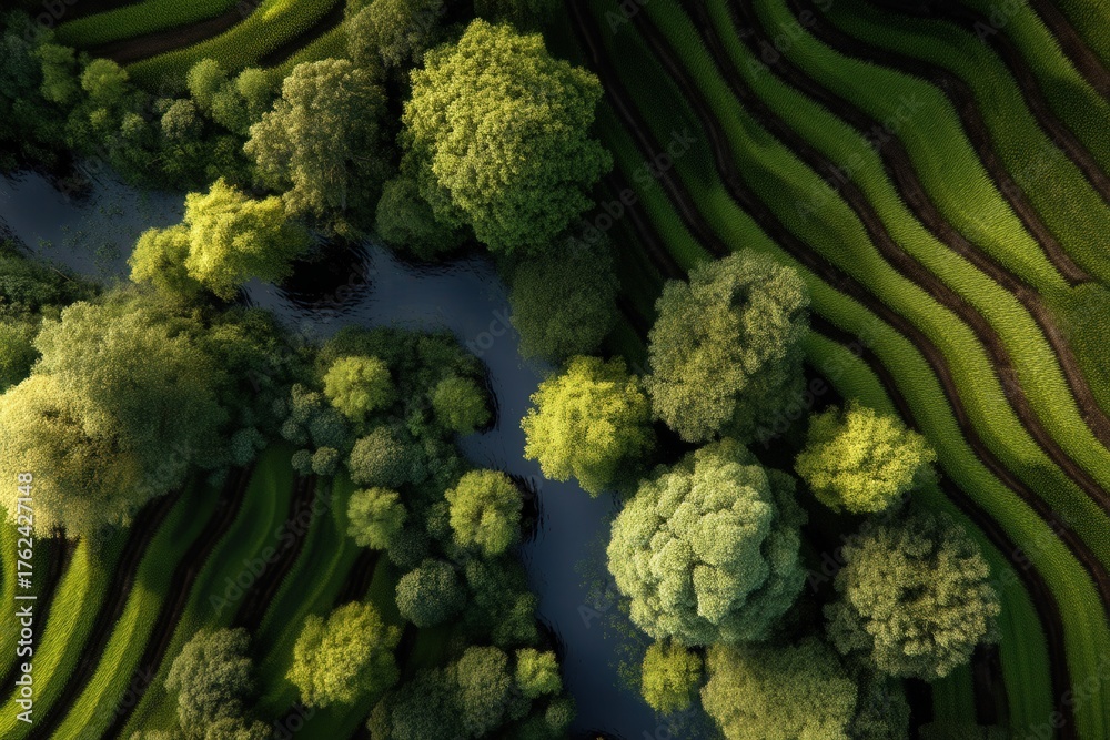 Lush greenery fills the landscape with trees and terraced fields surrounding a clear, winding river. Sunlight highlights the rich green tones in this serene, natural setting.