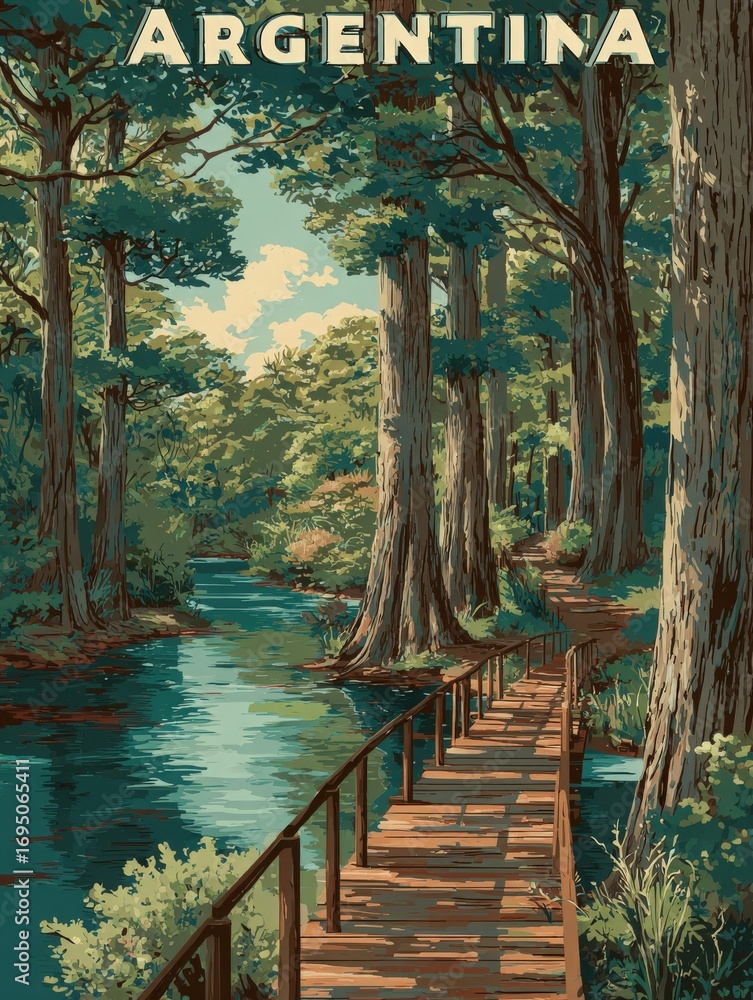 Lush greenery surrounds a tranquil river in Argentina, with tall trees casting shadows over the water. A wooden walkway leads the viewer through this peaceful natural setting, inviting exploration.