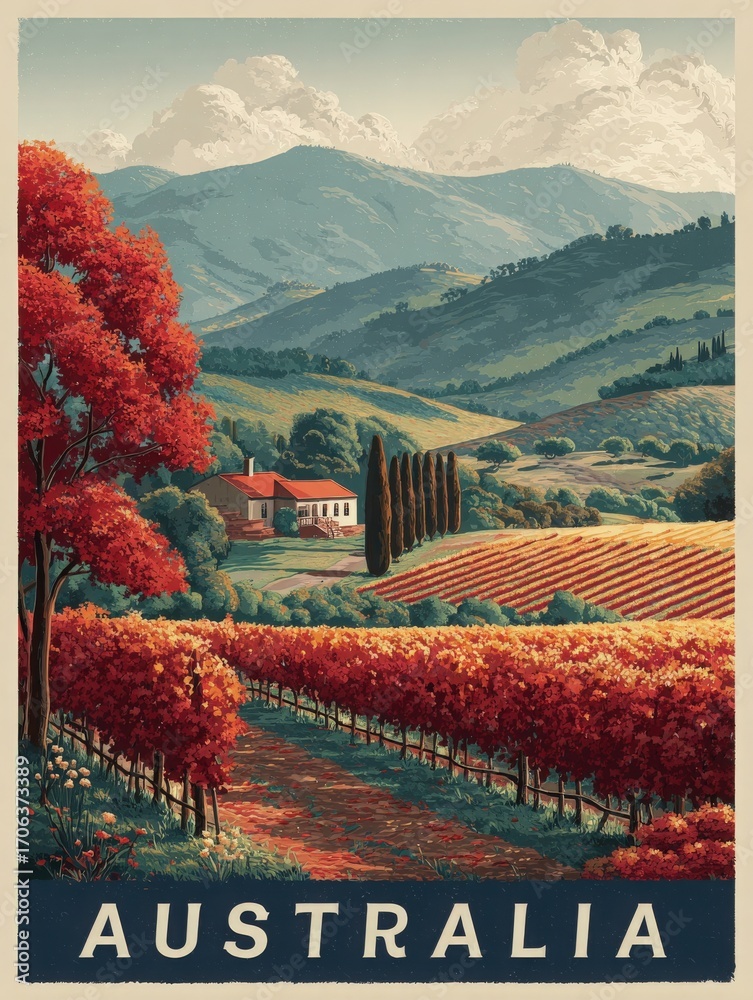 Lush vineyards stretch across rolling hills under a vibrant sky. A charming house sits near tall trees, creating a serene countryside setting. Autumn colors enhance the peaceful atmosphere.
