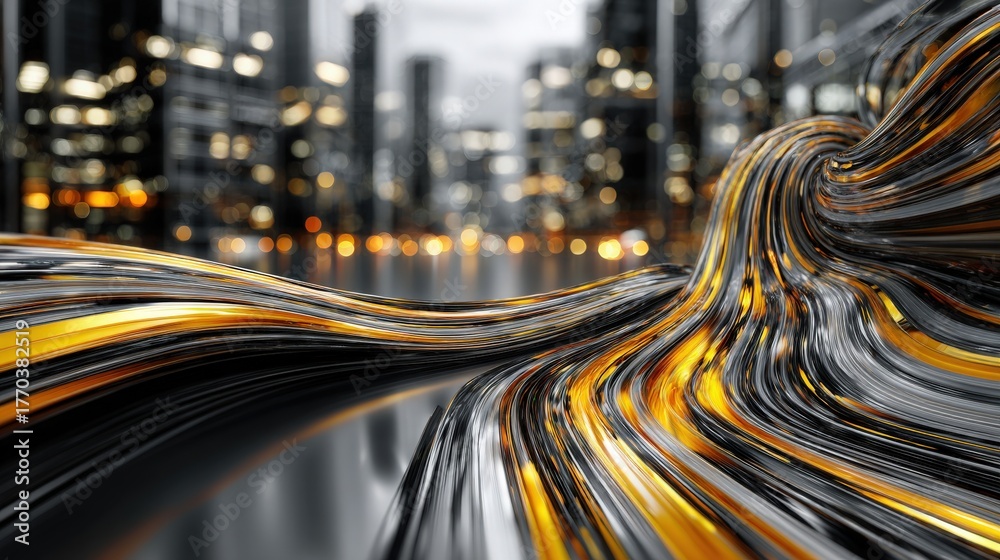 Metallic curves weave through a bright, bustling city. The urban landscape glimmers with lights reflecting off shiny surfaces, creating a dynamic interplay of color and form.