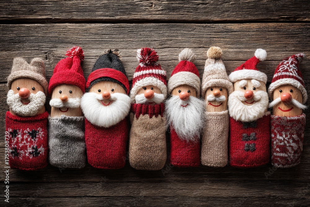 Nine cheerful dolls styled as Santa Claus line up against a rustic wooden background. Each doll features unique attire, showcasing a variety of textures and colors, creating a warm holiday spirit.