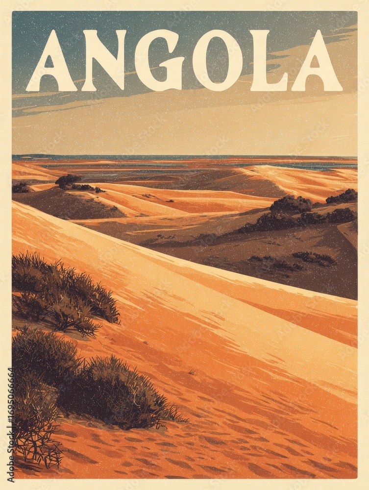 Picturesque rolling sand dunes stretch across the horizon in Angola, meeting a tranquil ocean at sunset. The warm tones of sand contrast with lush vegetation, creating a serene atmosphere.