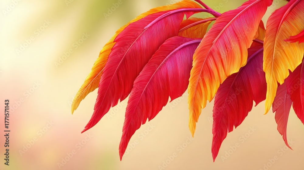 Red and orange feathers are elegantly cascading from a branch, creating a stunning contrast against a soft, blurred background.