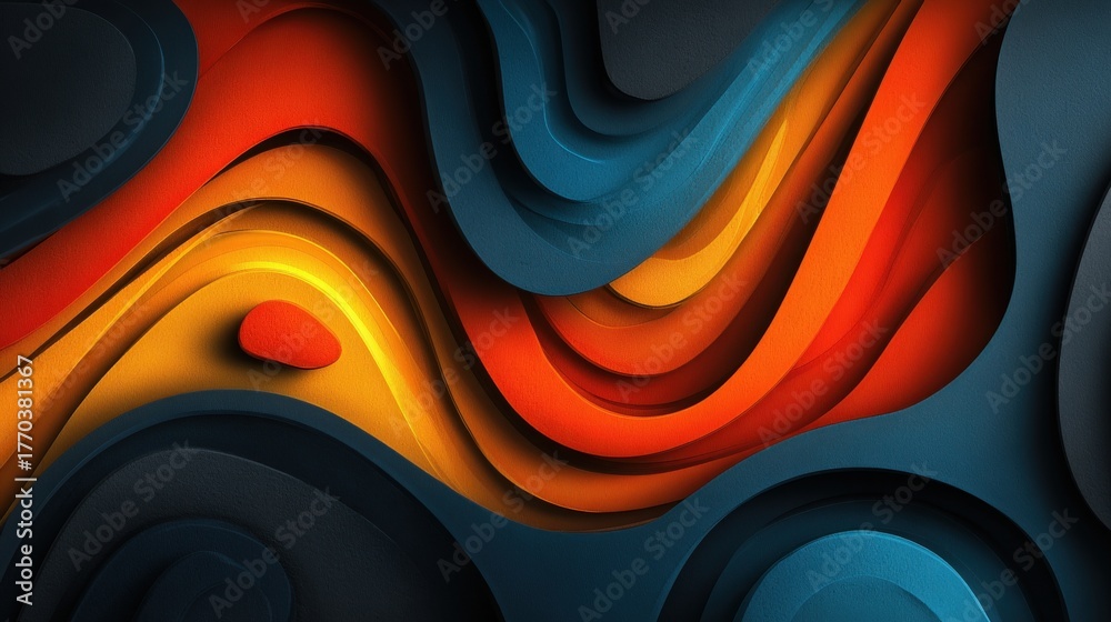 Rich waves of orange, yellow, and blue blend together to form a vibrant abstract design. The flowing shapes create a sense of movement, inviting viewers into a colorful experience.