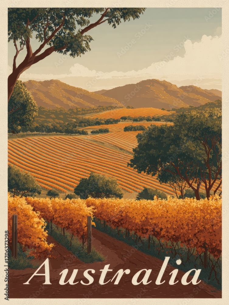 Rolling hills adorned with golden grapevines create a stunning view of an Australian vineyard. The soft sunlight casts warm tones, highlighting the beauty of the autumn scenery.