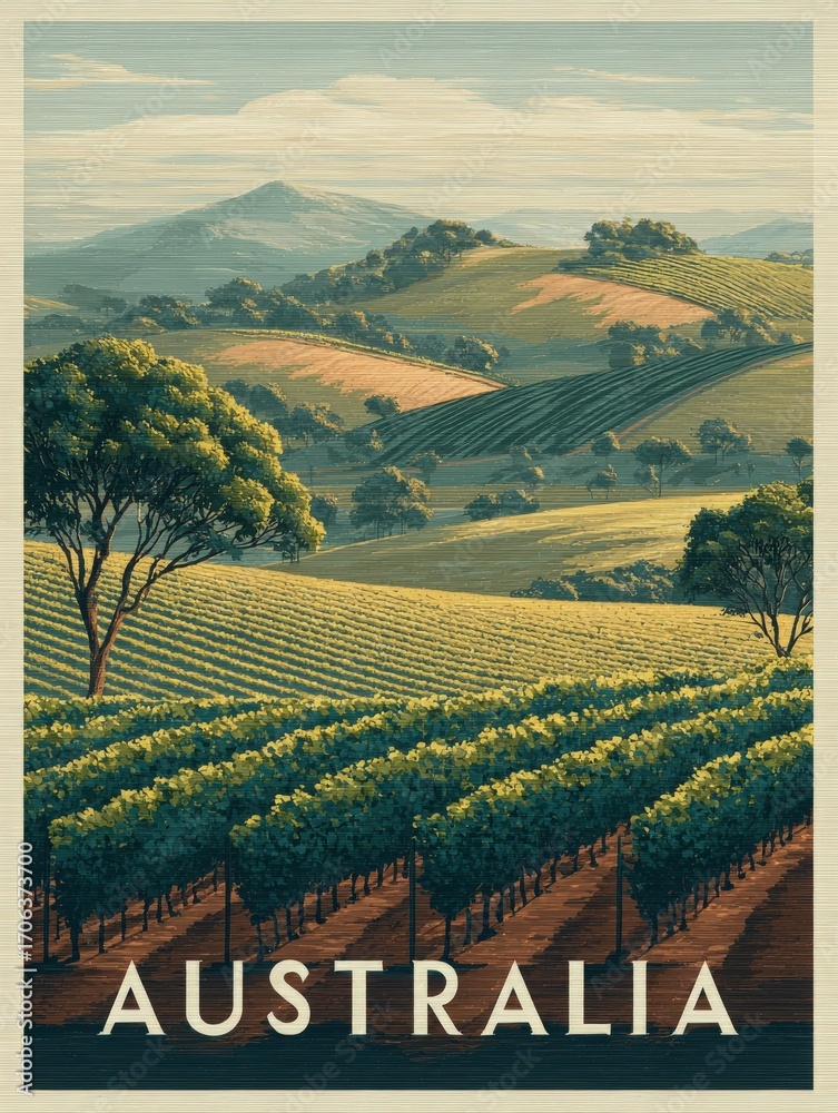 Rolling hills of lush green vineyards stretch across the landscape under a soft sky. The natural beauty of Australias countryside invites visitors to explore its serene charm.