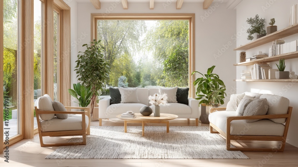 Rustic living room features large windows allowing natural light and a view of greenery. Minimalist furniture creates a cozy atmosphere with plants and decorative elements.