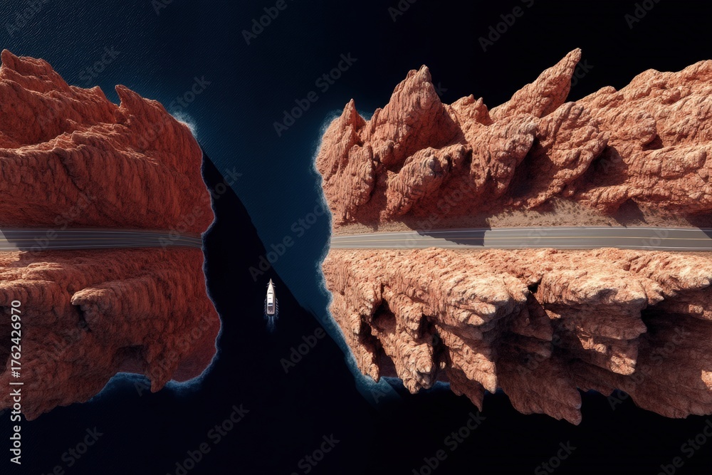 Scenic view of rugged red cliffs rising from tranquil waters. A yacht moves through the narrow channel, highlighting the beauty of natures formations at midday.