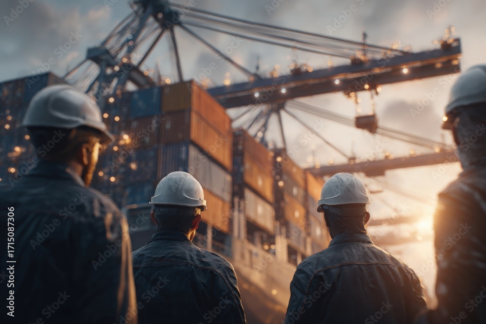Several workers in hard hats stand watching as a container ship is loaded at a busy port. The sun sets in the background, casting an orange glow over the scene and cranes.