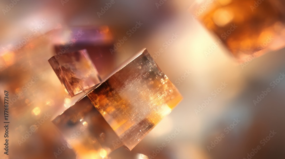 Shimmering amber crystal cubes float in a blurred background, capturing natural light. The warm hues create a stunning visual effect, showcasing their cut surfaces and translucence.