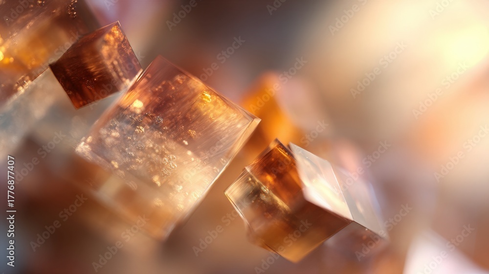 Shimmering orange-brown crystals rest together, reflecting soft light in a stunning display. Their unique shapes and facets create an elegant scene filled with warmth and beauty.