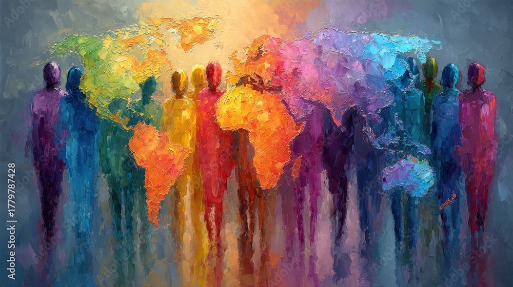Silhouettes of people in various colors stand before an abstract world map. The background features vibrant areas representing continents, conveying a sense of unity among diversity.
