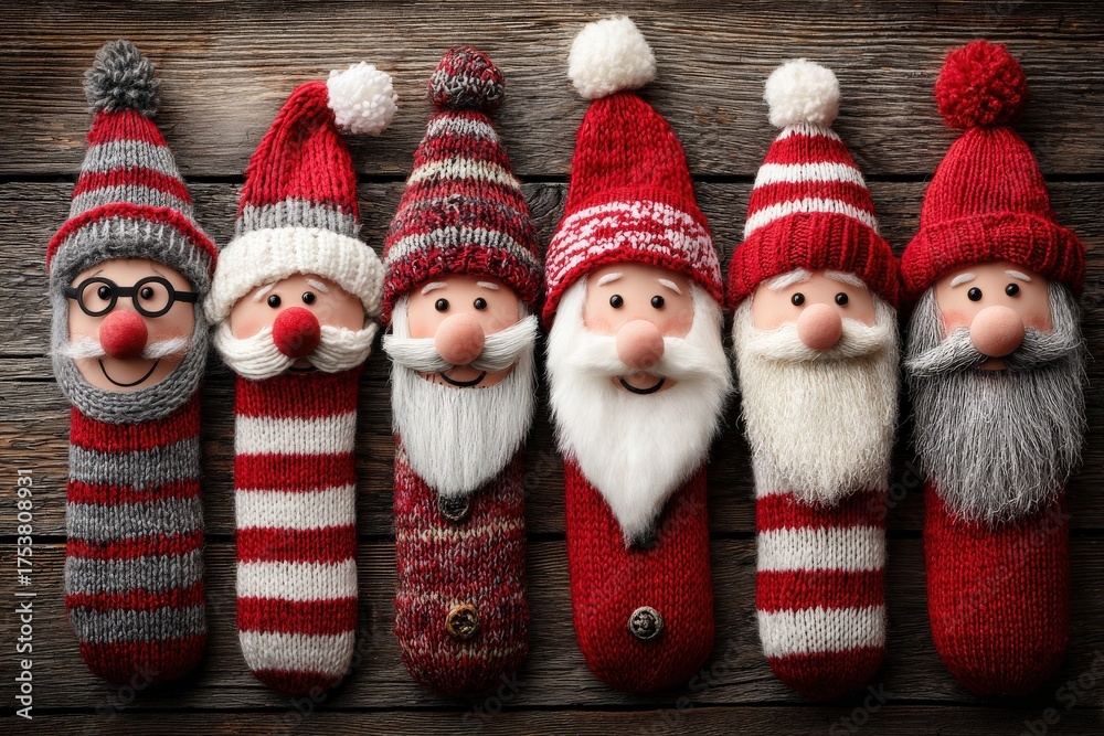 Six festive Santa-themed figures dressed in red and white knit attire sit side by side on a rustic wooden surface. Each character showcases a unique style, including hats and beards.