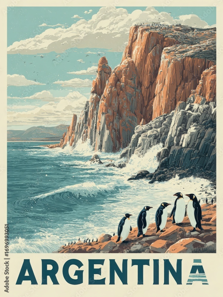 Six penguins stand on a rocky shoreline, overlooking the waves crashing against the cliffs. The backdrop features rugged cliffs and a bright sky, capturing the beauty of Argentinas coastal landscape.