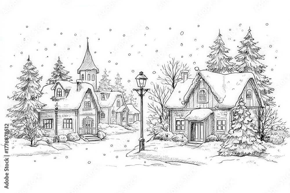 Snow falls gently over quaint houses surrounded by tall evergreen trees, creating a serene winter village scene. A lamppost stands in the center, adding charm to this snowy landscape.