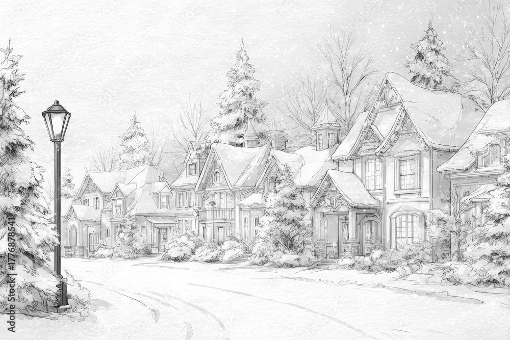 Snow gently blankets a quaint village street lined with beautiful houses. Pine trees stand tall amidst the winter landscape, while a streetlamp adds to the peaceful atmosphere.