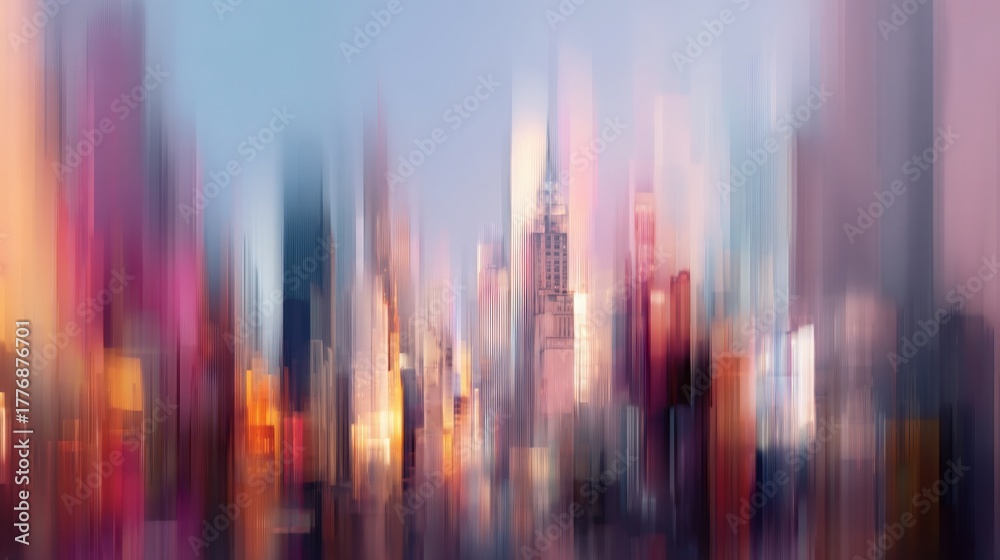 Soft colors blend in the city skyline during dusk, showcasing tall buildings and bright lights. The scene has a dreamy quality, with a focus on the vibrant urban landscape.