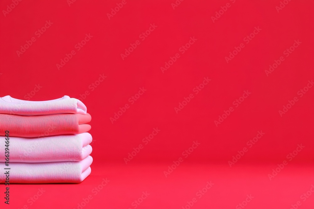 Soft, neatly stacked towels in light and dark pink sit against a bright red background. The arrangement highlights the texture and color contrast, creating an inviting visual.