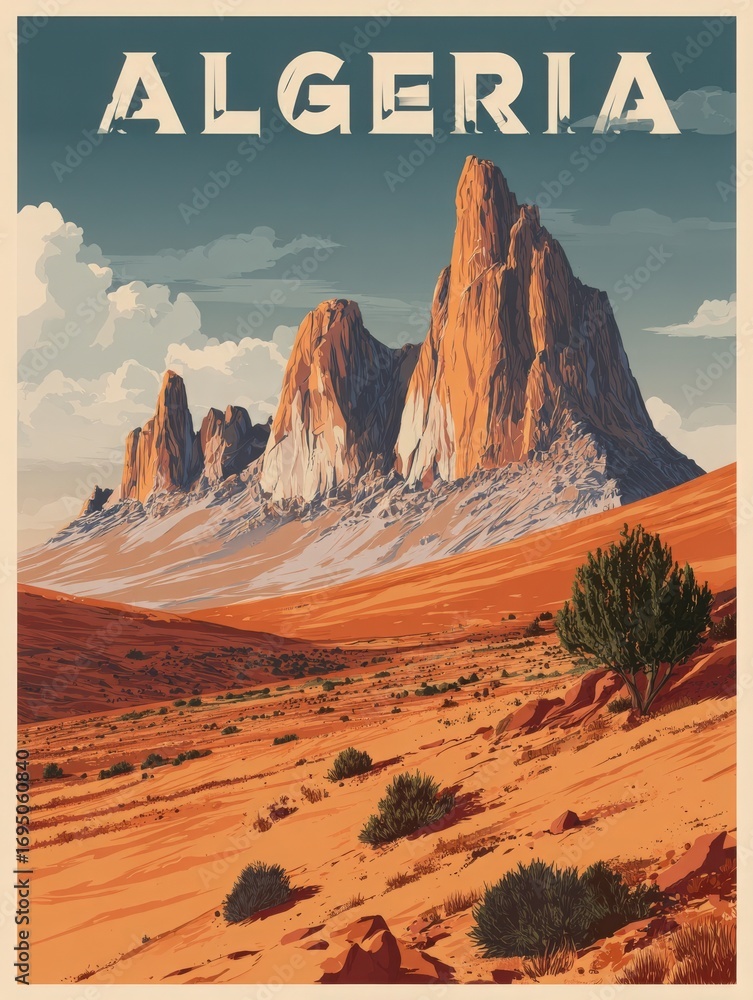 Stunning rock formations rise dramatically against a vast desert landscape in Algeria. The warm colors and unique shapes highlight the natural beauty of this remote region, inviting exploration.