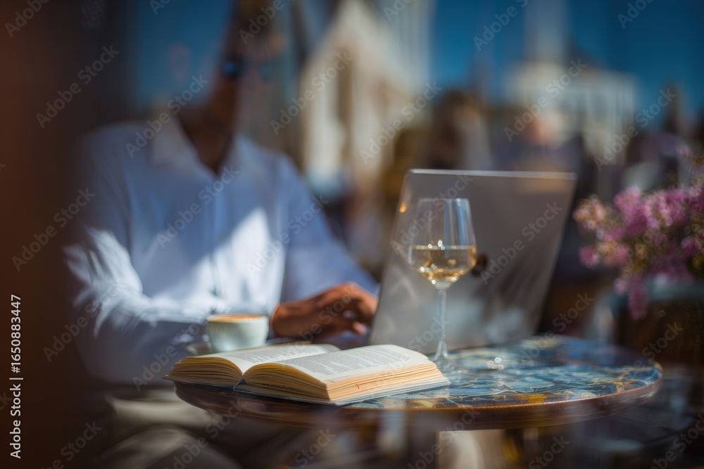 Sunlight bathes a stylish cafe table where a person types on a laptop, with a book and a glass of wine nearby. The relaxing atmosphere invites creativity and contemplation.