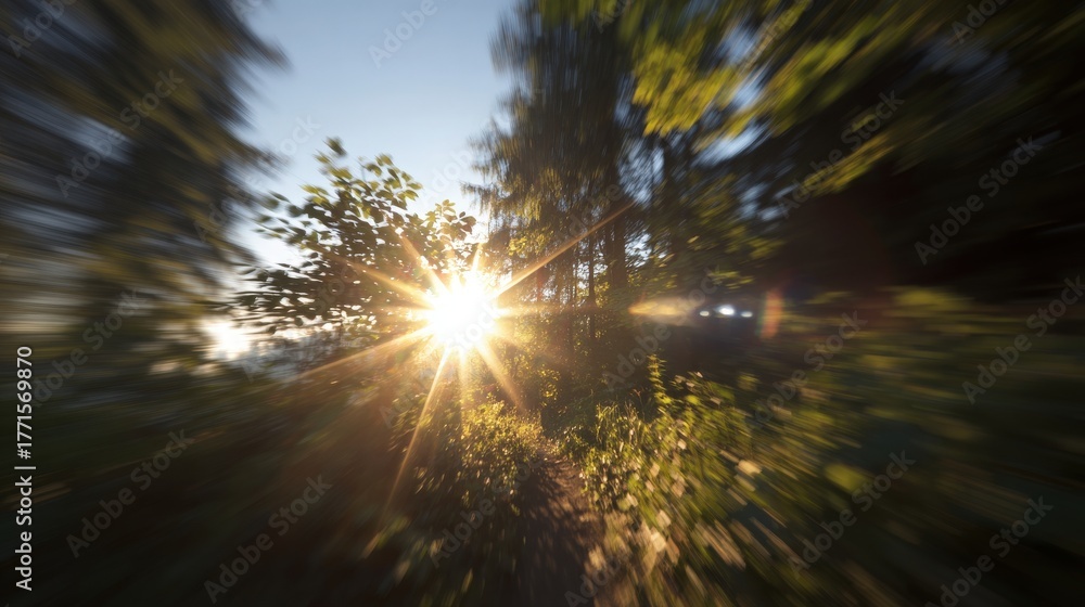 Sunlight breaks through the branches of tall trees in a peaceful forest. The golden rays create a warm, inviting glow as evening approaches, illuminating the greenery around.