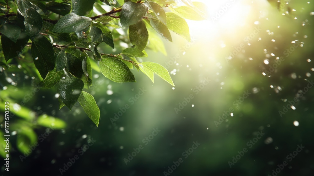 Sunlight filters through green leaves while gentle rain falls, creating a serene and refreshing atmosphere in a lush outdoor setting. Nature radiates peace and beauty.