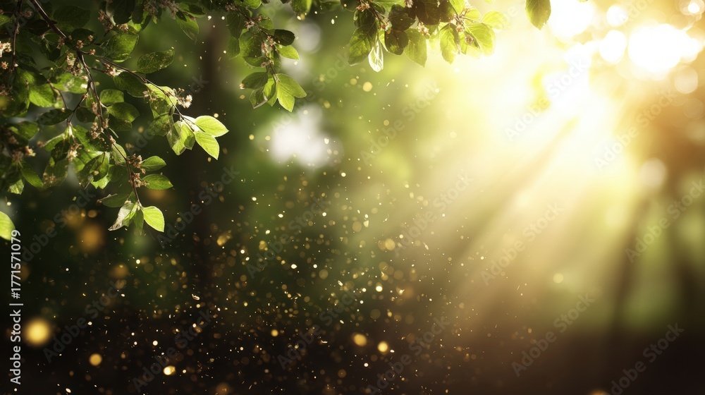 Sunlight streams through lush green leaves, illuminating particles of dust in the air. The scene captures the beauty of nature, evoking a peaceful and warm feeling during a sunny day.