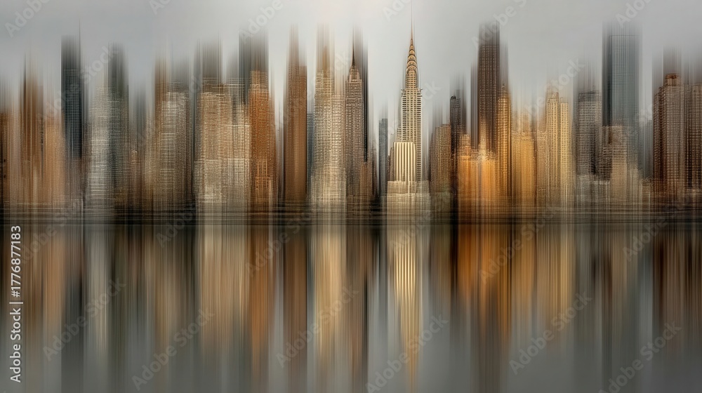Tall buildings create a hazy skyline that is mirrored in the calm water below. The scene captures an atmospheric view of the city on a cloudy day, highlighting architecture and reflections.