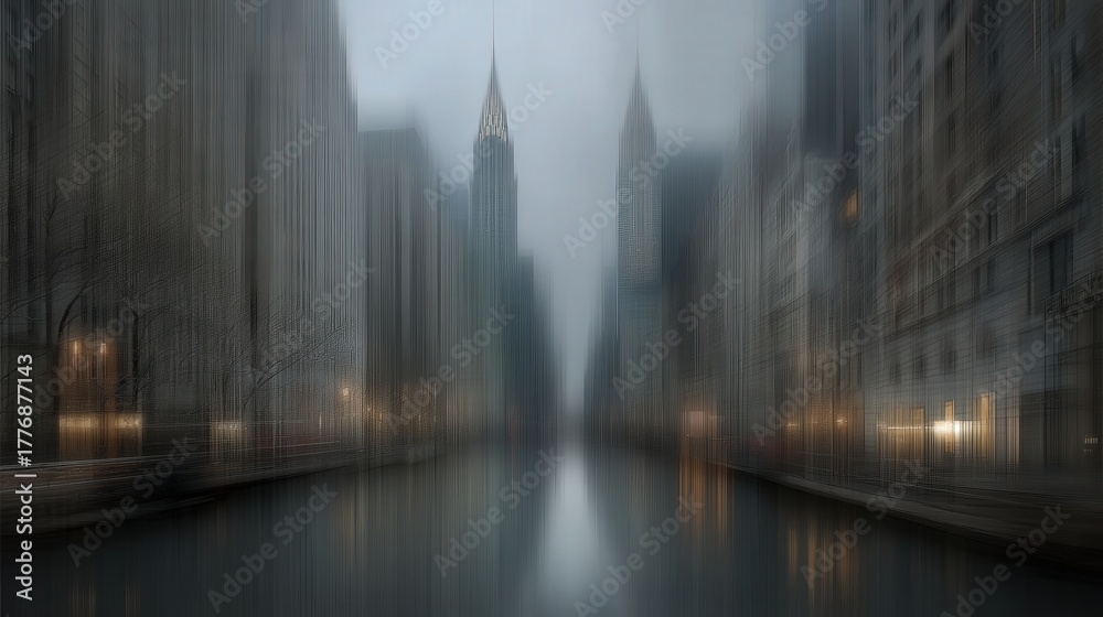 Tall buildings dominate the skyline in a foggy atmosphere. The soft glow of lights reflects on the quiet water, creating a serene mood. The scene captures the beauty of urban life in the mist.