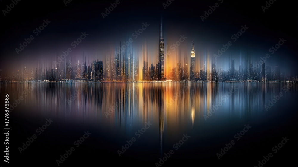 Tall buildings stand majestically along the waterfront, their lights shimmering in the still night water. The skyline glows with hues of blue and orange, creating a serene yet vibrant atmosphere.