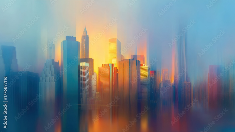 Tall city buildings are illuminated by warm sunset hues, partially obscured by fog. The scene captures a vibrant and dreamy urban landscape, emphasizing the play of light and shadow.