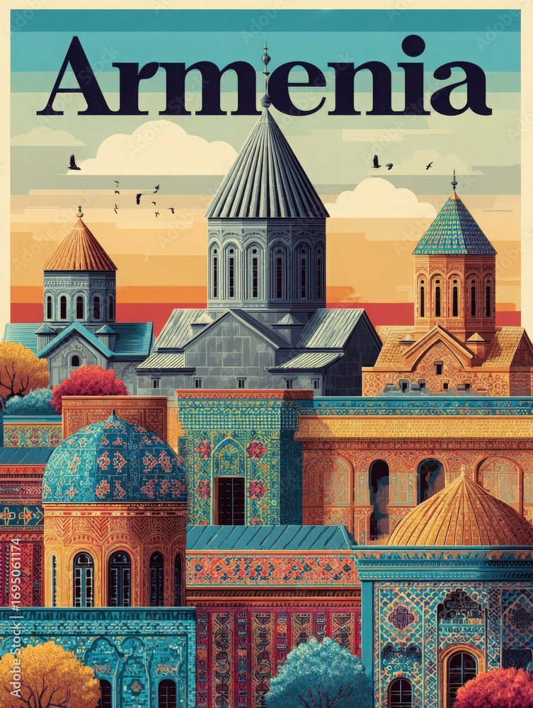 The beauty of Armenian architecture featuring intricately designed buildings with domes and towers. The vibrant colors and details reflect the rich cultural heritage of the region.