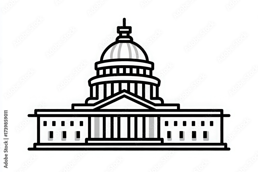 The design features a stylized representation of a capitol building with a prominent dome and columns. It emphasizes symmetry and classic architecture, giving a clear view of its grand entrance.