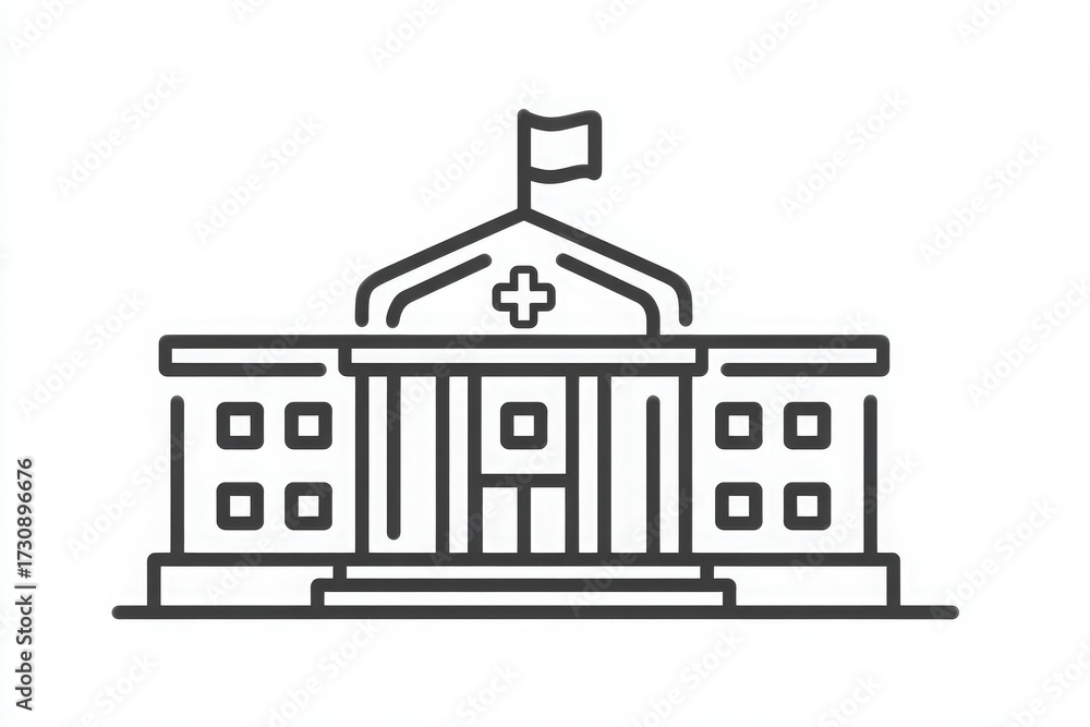 The drawing features a medical building with a prominent entrance and a flag atop its roof. The building is marked by windows and a cross symbol, suggesting a health-related facility.