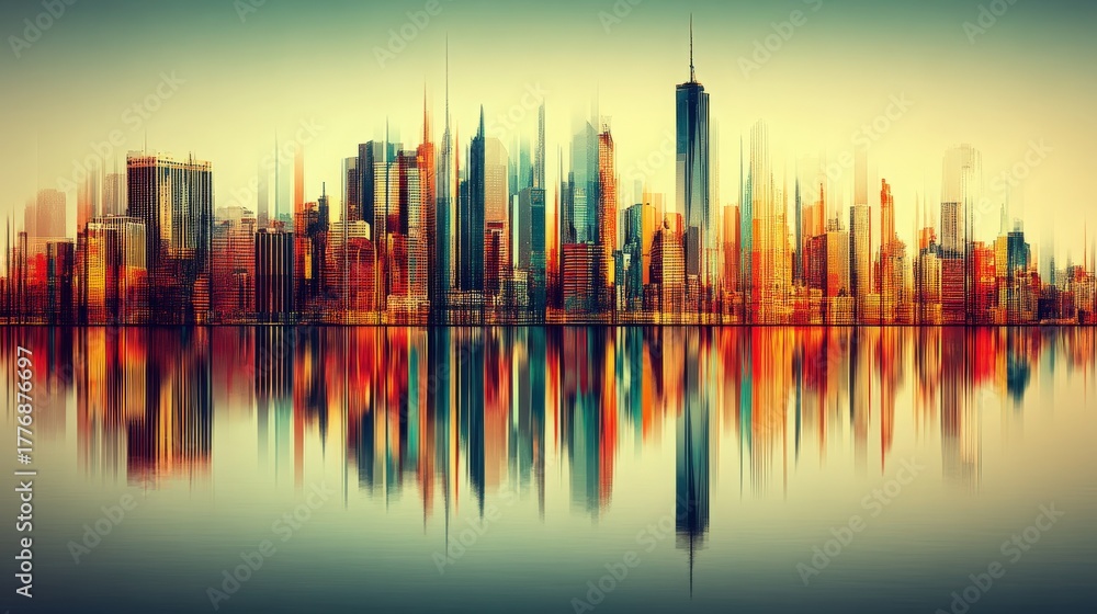 The image captures a vibrant city skyline at dusk, with colorful lights reflecting off calm water. Tall buildings create an urban silhouette against a softly lit sky.