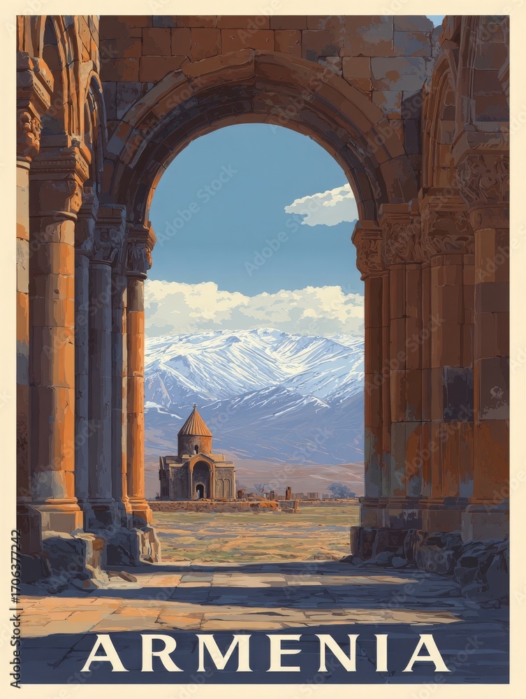 The scene captures historic architecture framed by archways, revealing a vast landscape of mountains in the distance. The bright blue sky and soft clouds enhance the serene atmosphere of the location.