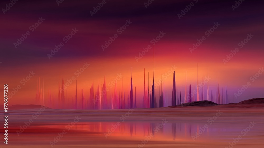 The scene features tall, spire-like formations against a vibrant twilight sky. The colors range from purples to oranges, mirrored in the calm water of the foreground, creating a serene atmosphere.