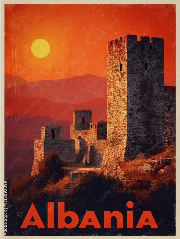 The scene showcases a historic stone castle bathed in orange hues during sunset. Surrounding mountains create a stunning backdrop for this peaceful Albanian landscape.