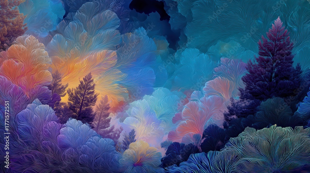 The scene showcases a stunning abstract representation of a forest, filled with vibrant colors ranging from deep blues to bright oranges.