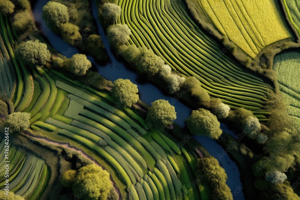 The scene showcases vibrant green rice terraces with intricate patterns alongside a winding river. Trees dot the landscape, reflecting the beauty of rural farming life.