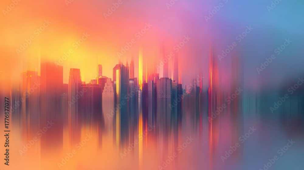 The skyline of a modern city glows in hues of orange and pink during sunset. Tall buildings are softly blurred, creating a dreamlike scene reflected in calm water.