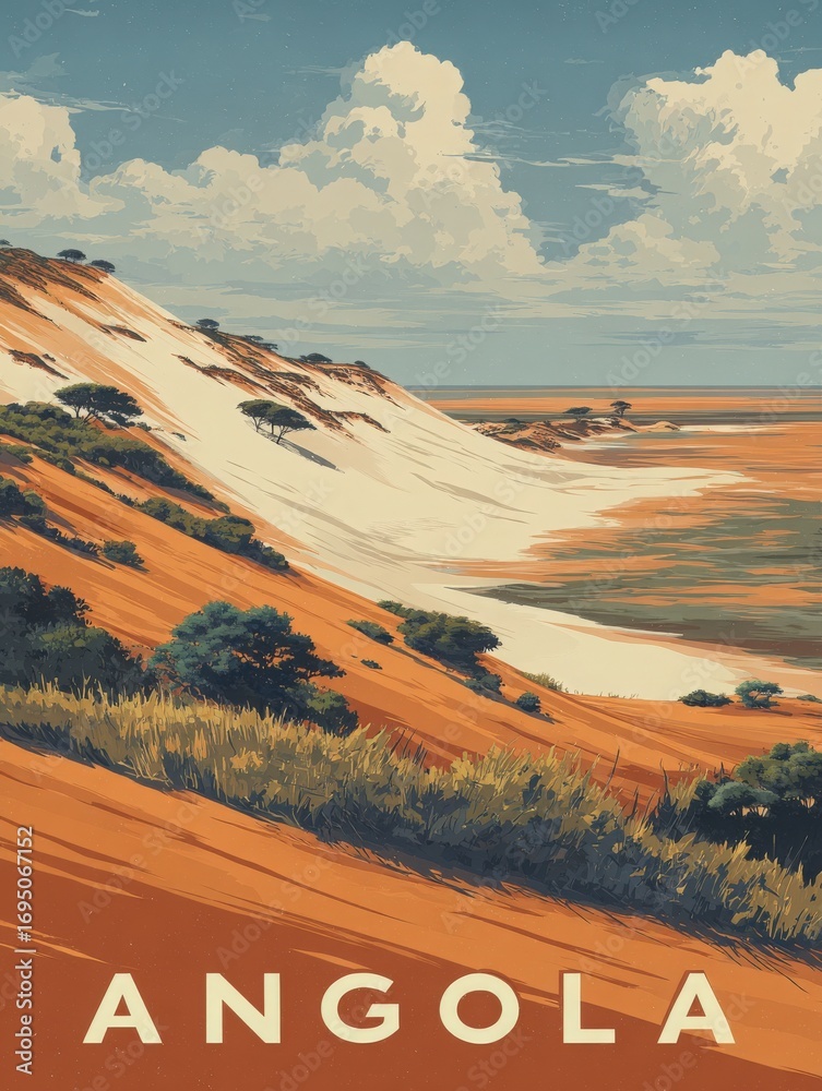 The view captures the vibrant orange sand dunes of Angola, set against a calm body of water. Lush greenery contrasts with the arid terrain under a bright blue sky adorned with fluffy clouds.